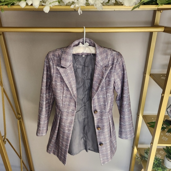 Blazer - 3 button flared bottom collared plaid fitted lightweight lined jacket - Picture 14 of 14